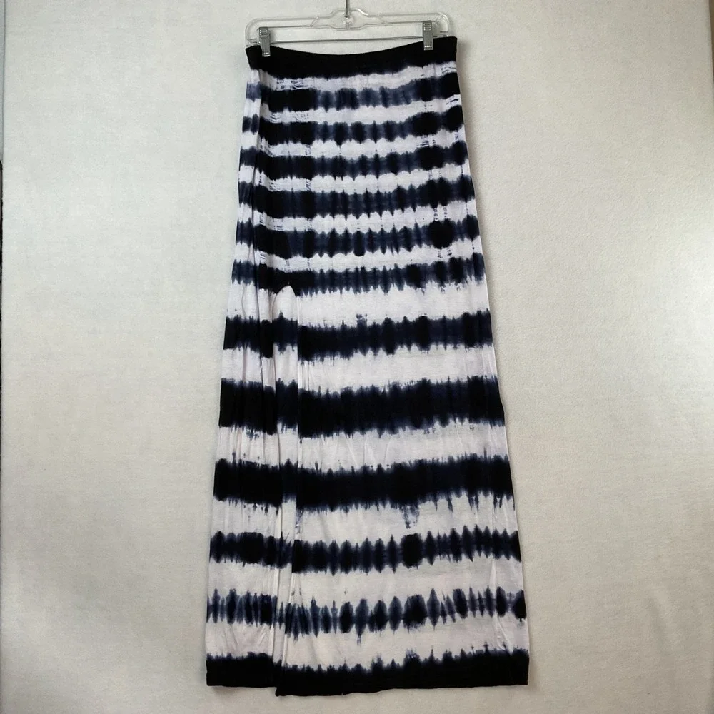 Gianni Bini Womens Navy Blue White Tie Dye Stripe Maxi Skirt Side Slit Size M